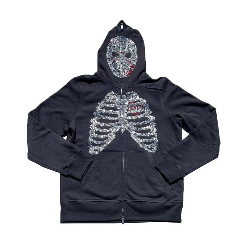 Rhinestone Skull Y2K Hoodie: Edgy Grunge Aesthetic Full Zip Top for Trendy Outfits