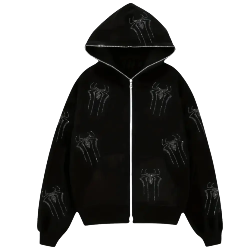 Rhinestone Spider Zipper Y2K Hoodie - Edgy Grunge Aesthetic Top for Y2K Fashion Lovers