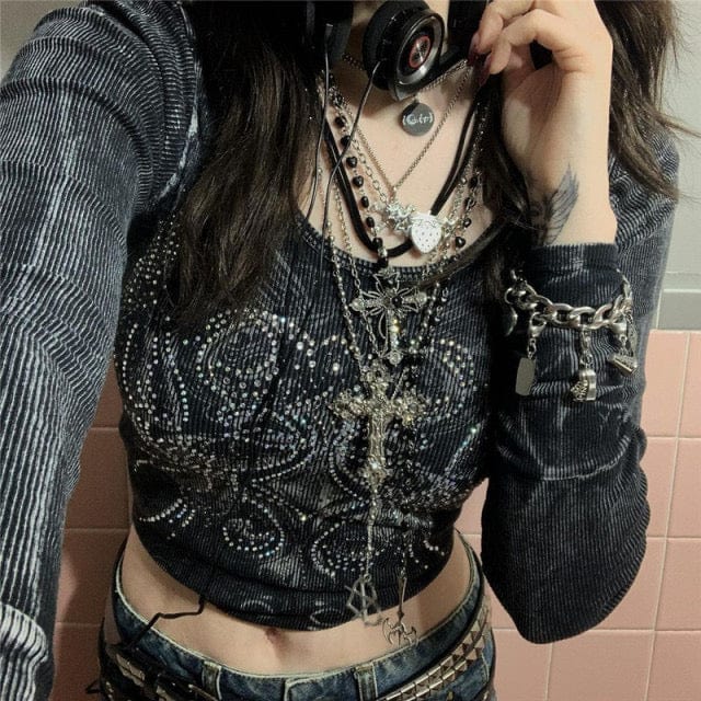 Rhinestone Y2K Graphic Crop Top for Trendy Coquette and Grunge Aesthetic Outfits