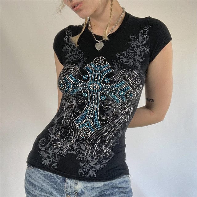 Rhinestone Y2K Shirt: Sparkly Vintage Aesthetic Top for Trendy Outfits