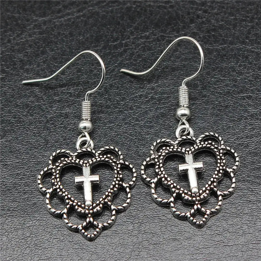 Silver Heart Cross Earrings in Y2K Aesthetic - Trendy Coquette Style Jewelry