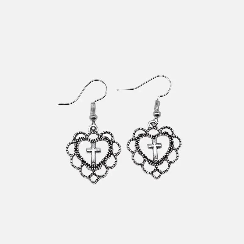 Silver Heart Cross Earrings in Y2K Aesthetic - Trendy Coquette Style Jewelry