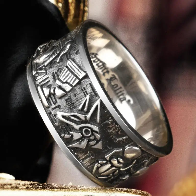 Silver Retro Egyptian Gods Ring - Y2K Aesthetic Jewelry for Unique Style