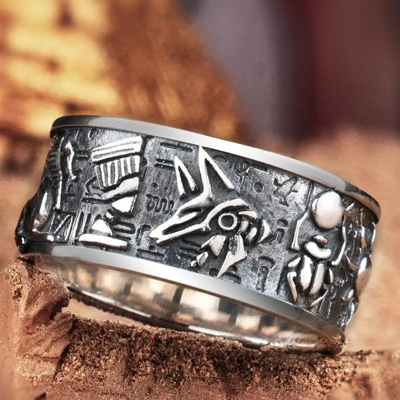 Silver Retro Egyptian Gods Ring - Y2K Aesthetic Jewelry for Unique Style