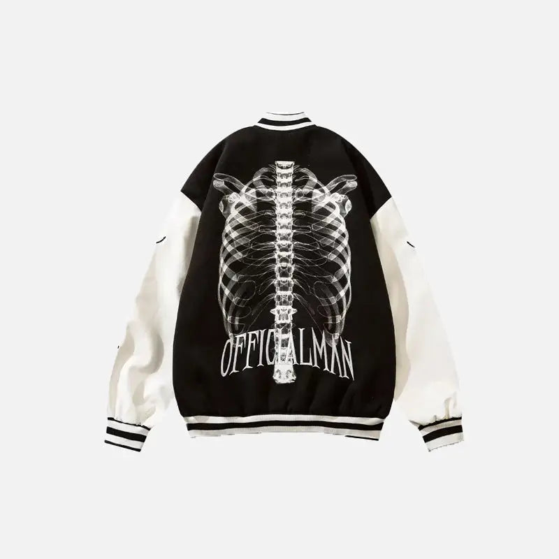 Skeleton Print Embroidery Y2K Varsity Jacket - Grunge Aesthetic Fashion Statement