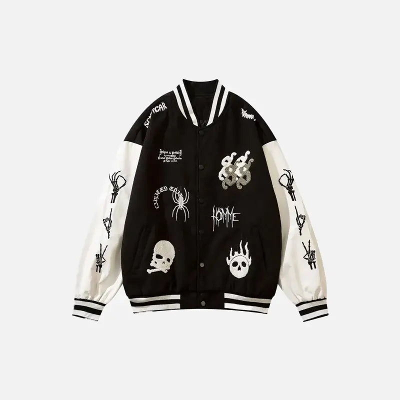 Skeleton Print Embroidery Y2K Varsity Jacket - Grunge Aesthetic Fashion Statement