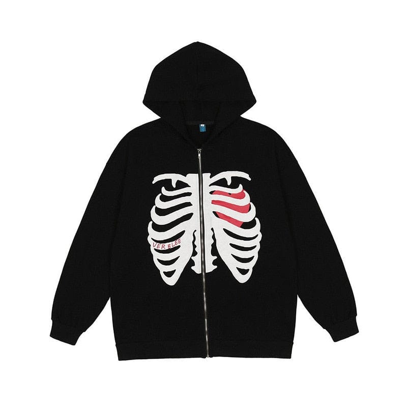 Skeleton Y2K Aesthetic Full Zip Hoodie for Grunge and Coquette Style Lovers