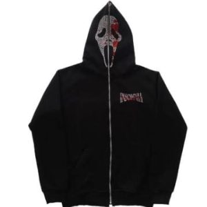 Skull Rhinestone Y2K Grunge Aesthetic Full Zip Hoodie for Trendy Outfits