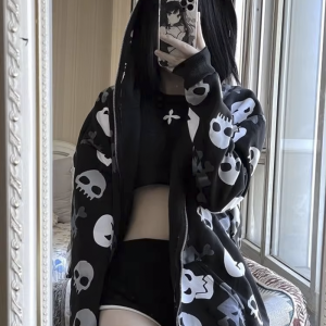 Skull Zip Up Hoodie - Y2K Grunge Style Comfy Layer for Edgy Aesthetic Outfits