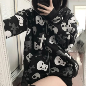 Skull Zip Up Hoodie - Y2K Grunge Style Comfy Layer for Edgy Aesthetic Outfits