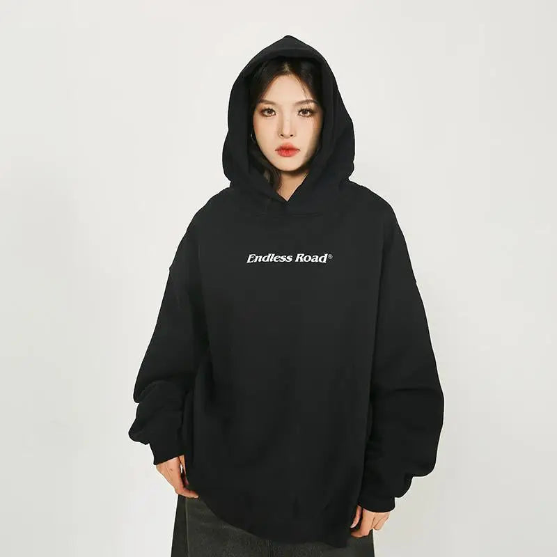 Solid Color Y2K Endless Road Hoodie - Trendy Comfy Streetwear for Aesthetic Outfits