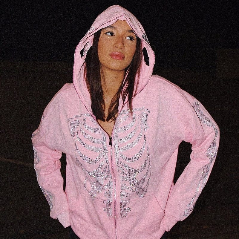 Sparkly Pink Rhinestone Y2K Hoodie for Trendy Coquette and Grunge Aesthetic Outfits