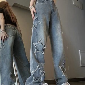 Star Embroidered Y2K Jeans for a Trendy Grunge Aesthetic Look