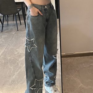 Star Embroidered Y2K Jeans for a Trendy Grunge Aesthetic Look