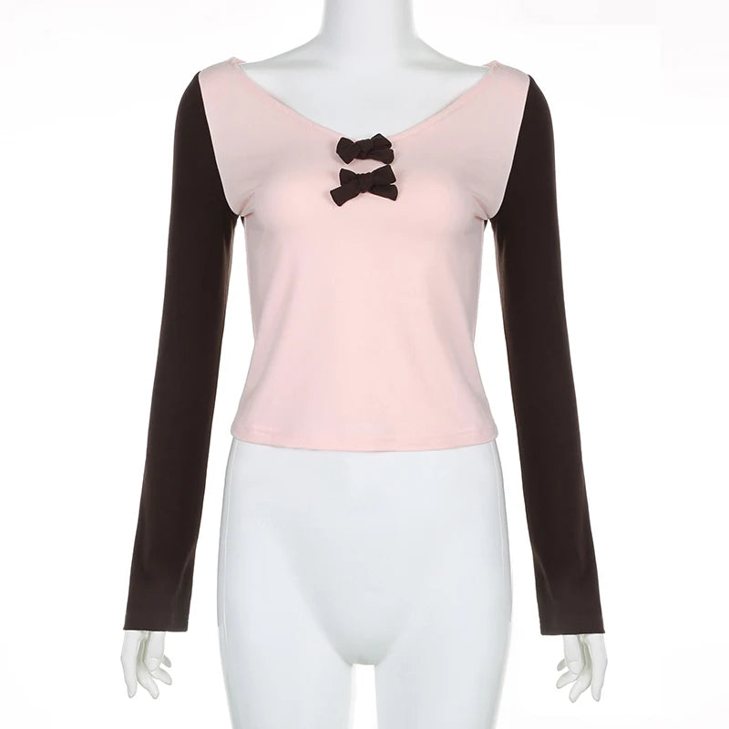 Trendy 2 Tones Long Sleeve Crop Top for Y2K Aesthetic and Coquette Style Outfits