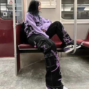 Trendy Black and Purple Cargo Pants for Y2K Aesthetic and Grunge Style Outfits