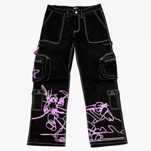 Trendy Black and Purple Cargo Pants for Y2K Aesthetic and Grunge Style Outfits