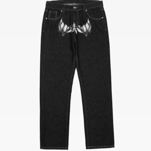 Trendy Black Printed Jeans for Y2K Aesthetic and Grunge Style Outfits