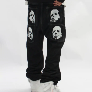 Trendy Black Printed Jeans for Y2K Aesthetic and Grunge Style Outfits