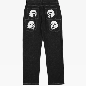 Trendy Black Printed Jeans for Y2K Aesthetic and Grunge Style Outfits