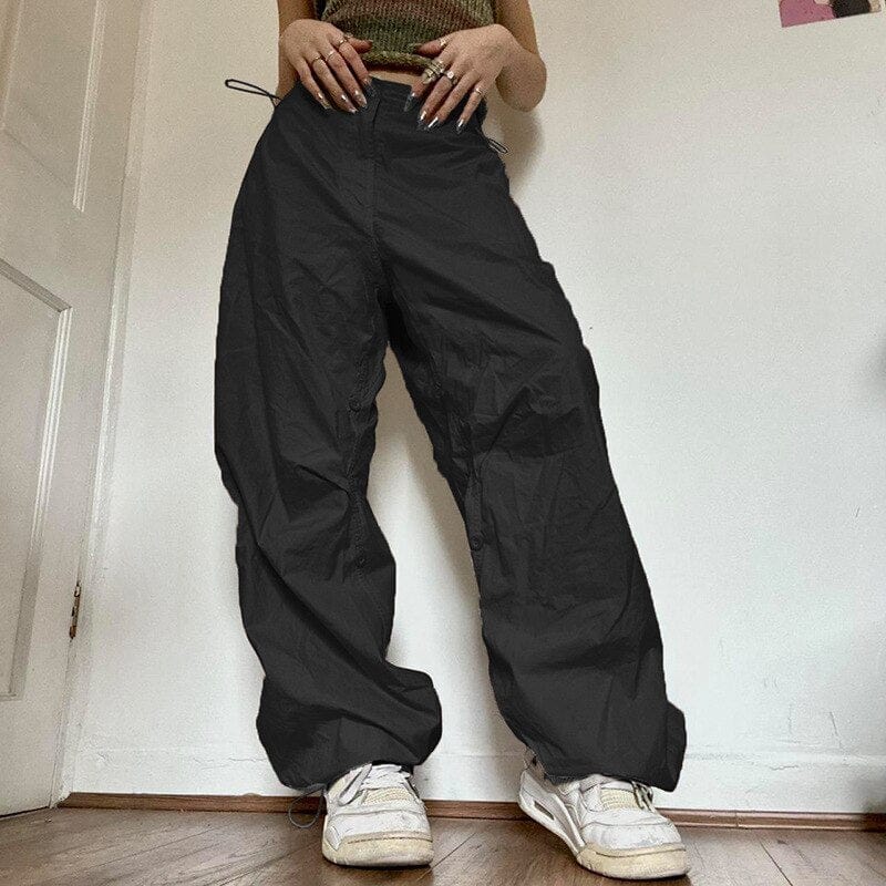 Trendy Black Y2K Parachute Pants for Grunge Aesthetic and Casual Chic Outfits