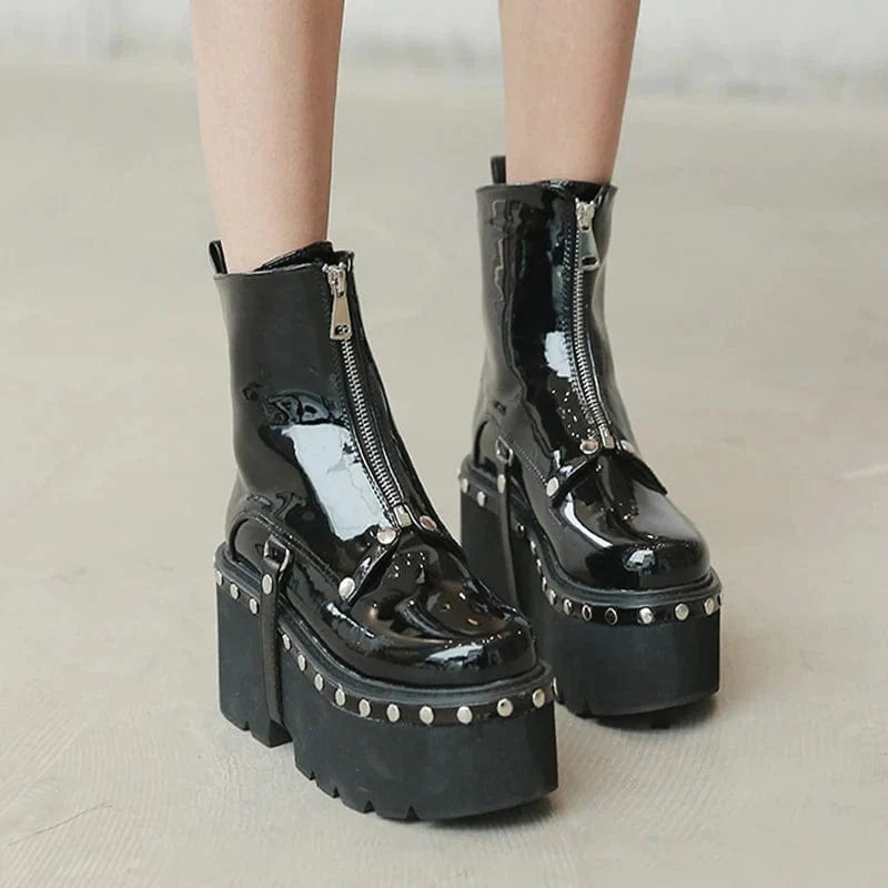 Trendy Black Y2K Platform Boots for Grunge Aesthetic and Coquette Style Outfits