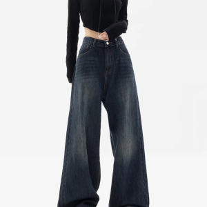 Trendy Dark Blue Baggy Jeans for Y2K Aesthetic and Grunge Style Outfits