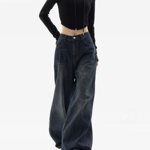 Trendy Dark Blue Baggy Jeans for Y2K Aesthetic and Grunge Style Outfits