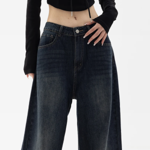 Trendy Dark Blue Baggy Jeans for Y2K Aesthetic and Grunge Style Outfits