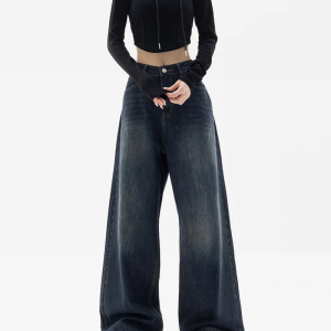 Trendy Dark Blue Baggy Jeans for Y2K Aesthetic and Grunge Style Outfits