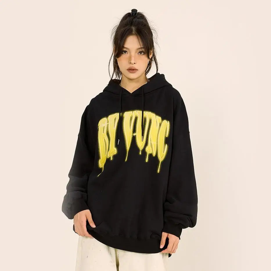 Trendy Loose Printed Washed Hoodie in Y2K Style for Aesthetic Outfits