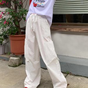 Trendy Low Waisted White Cargo Pants for Y2K Aesthetic and Coquette Style Outfits