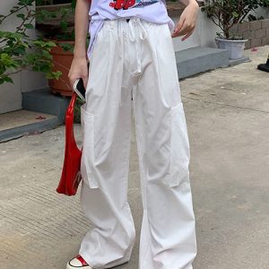 Trendy Low Waisted White Cargo Pants for Y2K Aesthetic and Coquette Style Outfits