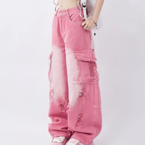 Trendy Pink Cargo Jeans for Y2K Aesthetic Outfits and Coquette Style Looks