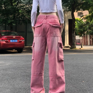 Trendy Pink Cargo Jeans for Y2K Aesthetic Outfits and Coquette Style Looks