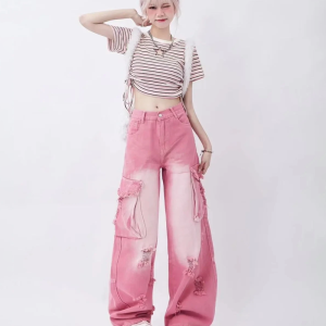 Trendy Pink Cargo Jeans for Y2K Aesthetic Outfits and Coquette Style Looks