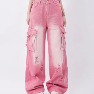 Trendy Pink Cargo Jeans for Y2K Aesthetic Outfits and Coquette Style Looks