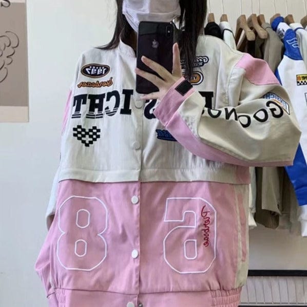 Trendy Pink Y2K Racing Jacket for a Chic Coquette Aesthetic Look