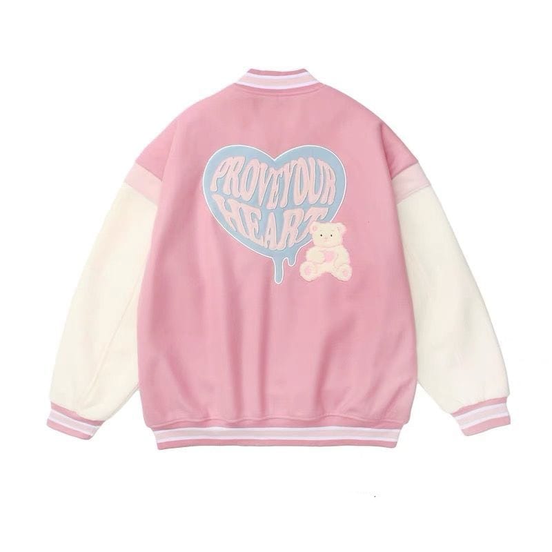 Trendy Pink Y2K Varsity Jacket for Stylish Coquette and Grunge Aesthetic Outfits