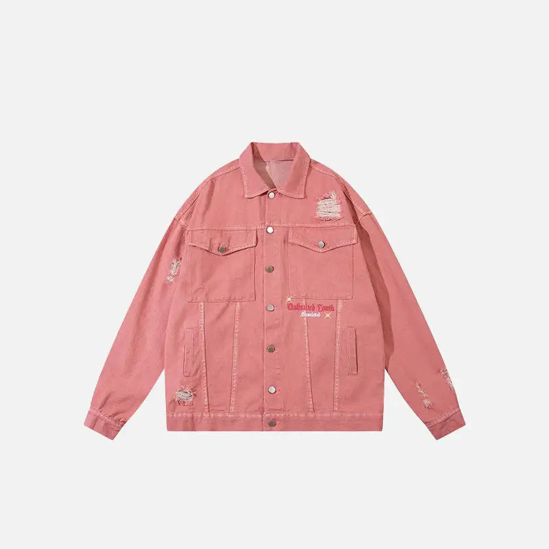 Trendy Ripped Pink Denim Jacket in Y2K Style for Aesthetic Outfits