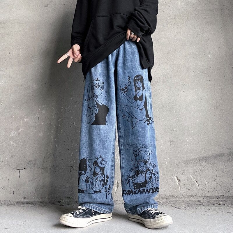 Trendy Y2K Baggy Streetwear Jeans for a Cool Grunge Aesthetic Look