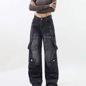 Trendy Y2K Black Cargo Jeans for Women - Stylish Grunge Aesthetic Bottoms