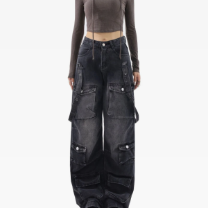 Trendy Y2K Black Cargo Jeans for Women - Stylish Grunge Aesthetic Bottoms