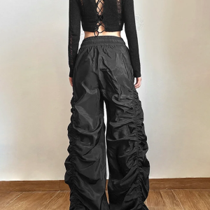 Trendy Y2K Black Parachute Pants for Women - Stylish Grunge Aesthetic Cargo Trousers