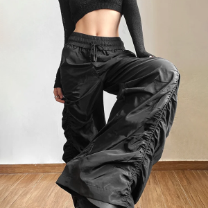 Trendy Y2K Black Parachute Pants for Women - Stylish Grunge Aesthetic Cargo Trousers