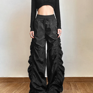 Trendy Y2K Black Parachute Pants for Women - Stylish Grunge Aesthetic Cargo Trousers