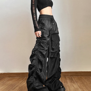 Trendy Y2K Black Parachute Pants for Women - Stylish Grunge Aesthetic Cargo Trousers