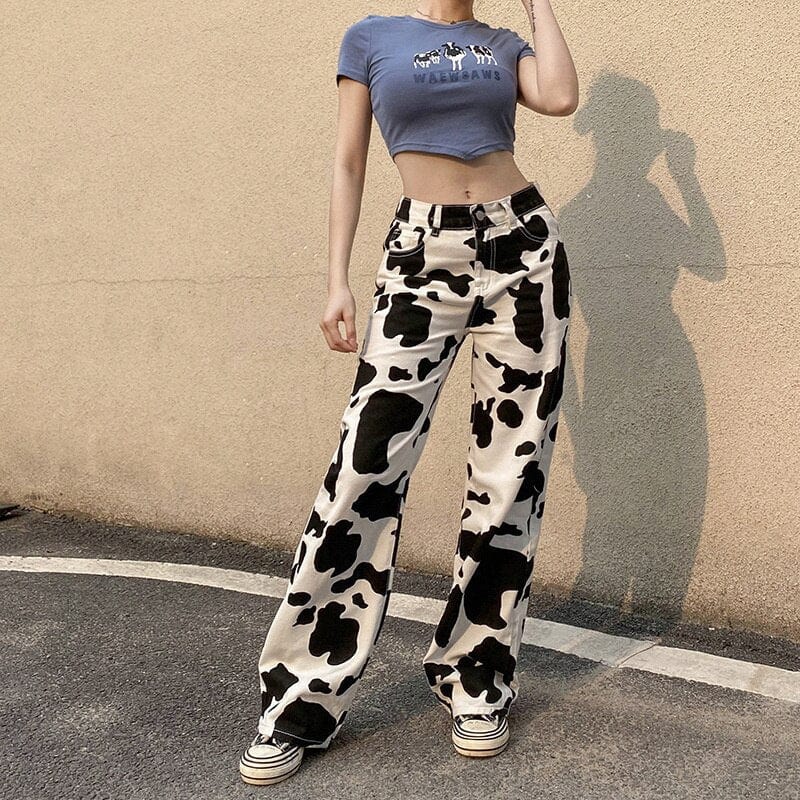 Trendy Y2K Cow Print Jeans for a Chic Grunge Aesthetic Look and Cute Outfits