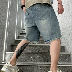 Trendy Y2K Ripped Jorts for a Grunge Aesthetic Look - Stylish and Comfy Denim Shorts