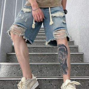 Trendy Y2K Ripped Jorts for a Grunge Aesthetic Look - Stylish and Comfy Denim Shorts